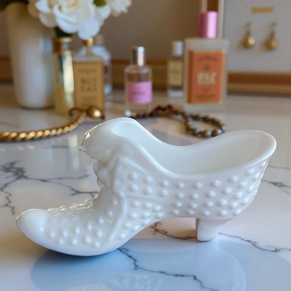 Fenton Other - Vtg Fenton Milk Glass Cat Head Shoe Hobnail Victorian Slipper Shabby Chic Decor